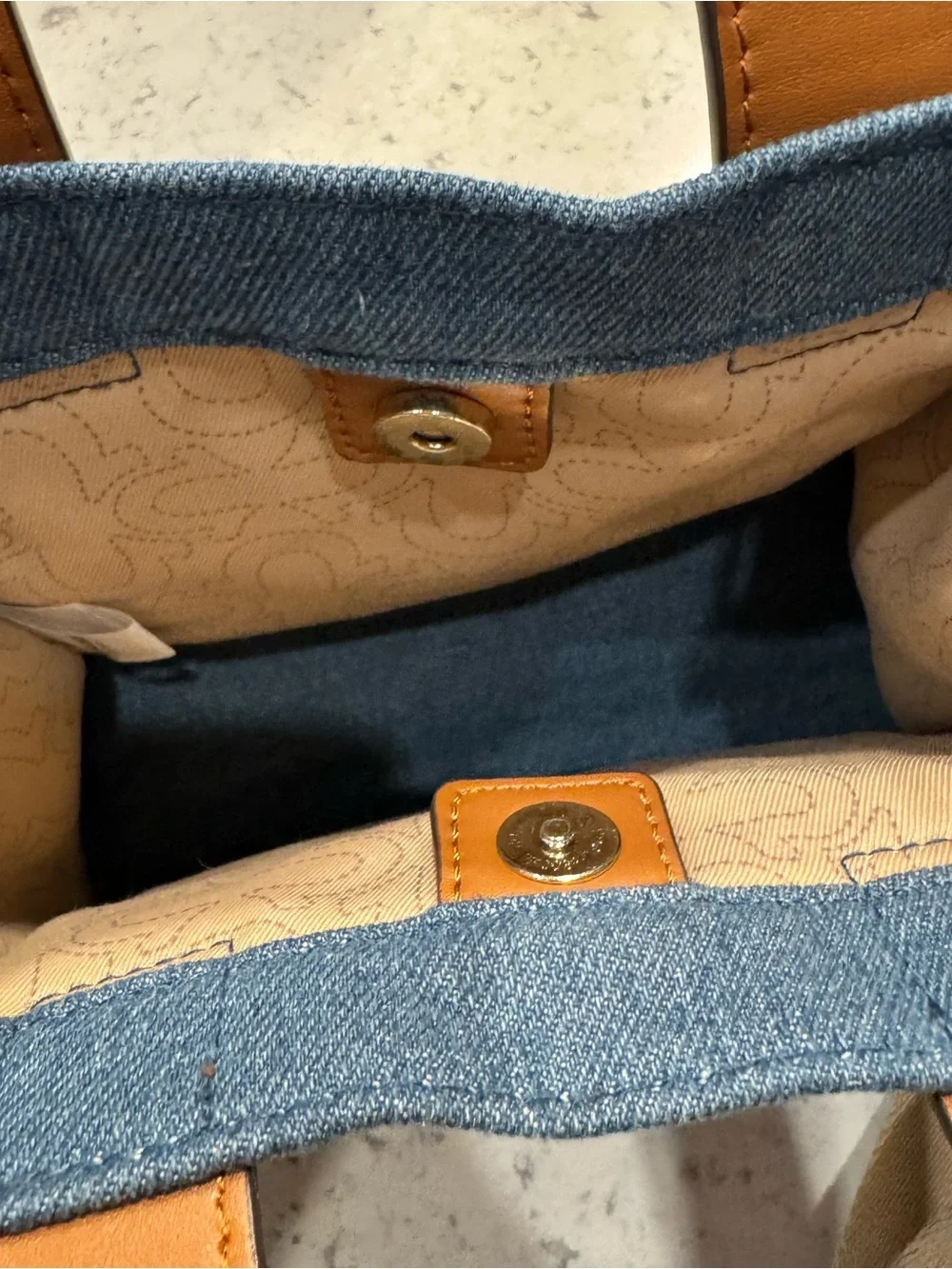 True Religion Blue Denim Mini Messenger with Brown Trim